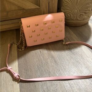Betsy Johnson Peachy Pink Chain Crossbody Bag with Gold Accents